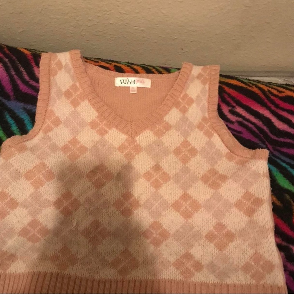 Stella Tweed pink sweater vest over shirt V neck